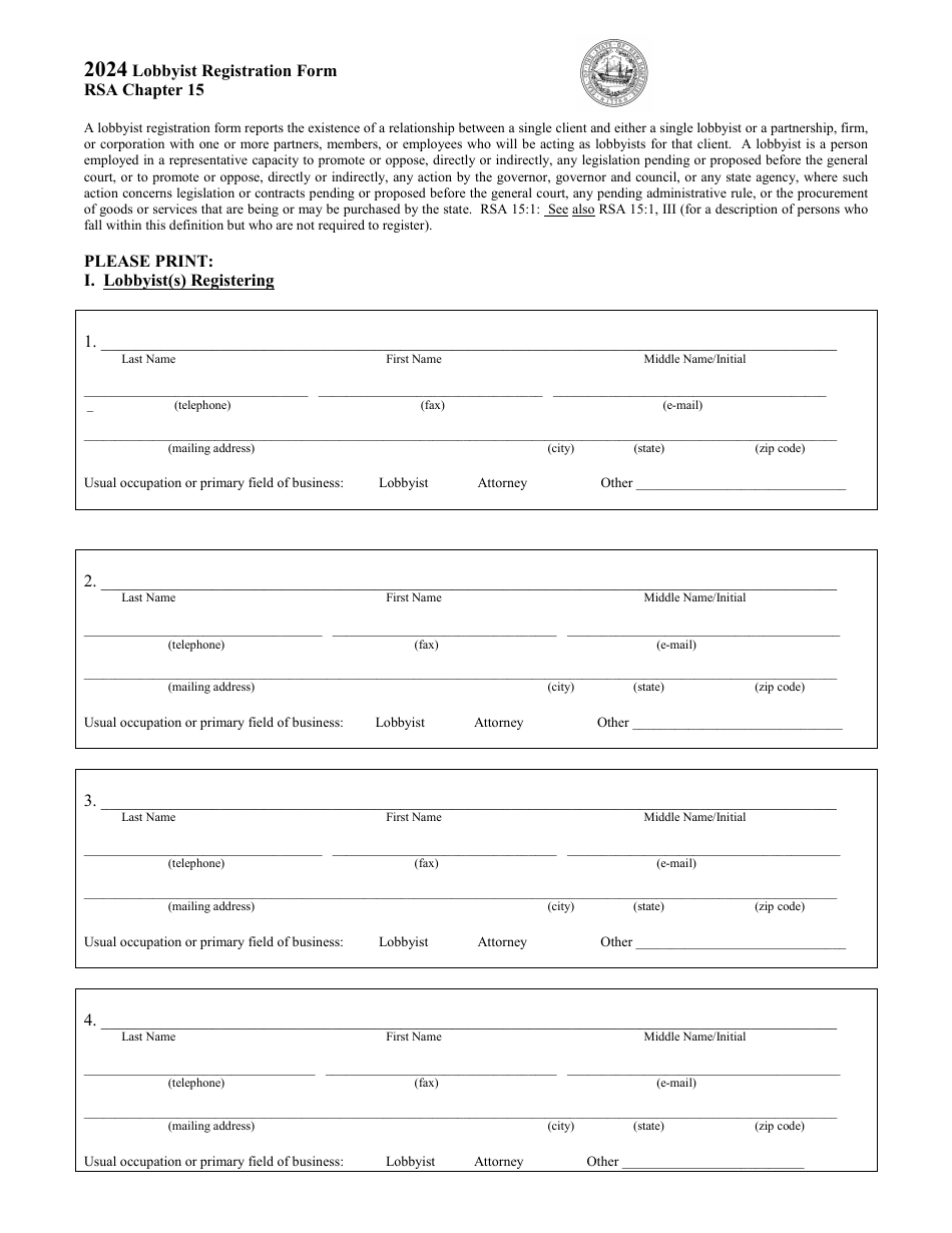 Lobbyist Registration Form - Multi-Lobbyists - New Hampshire, Page 1