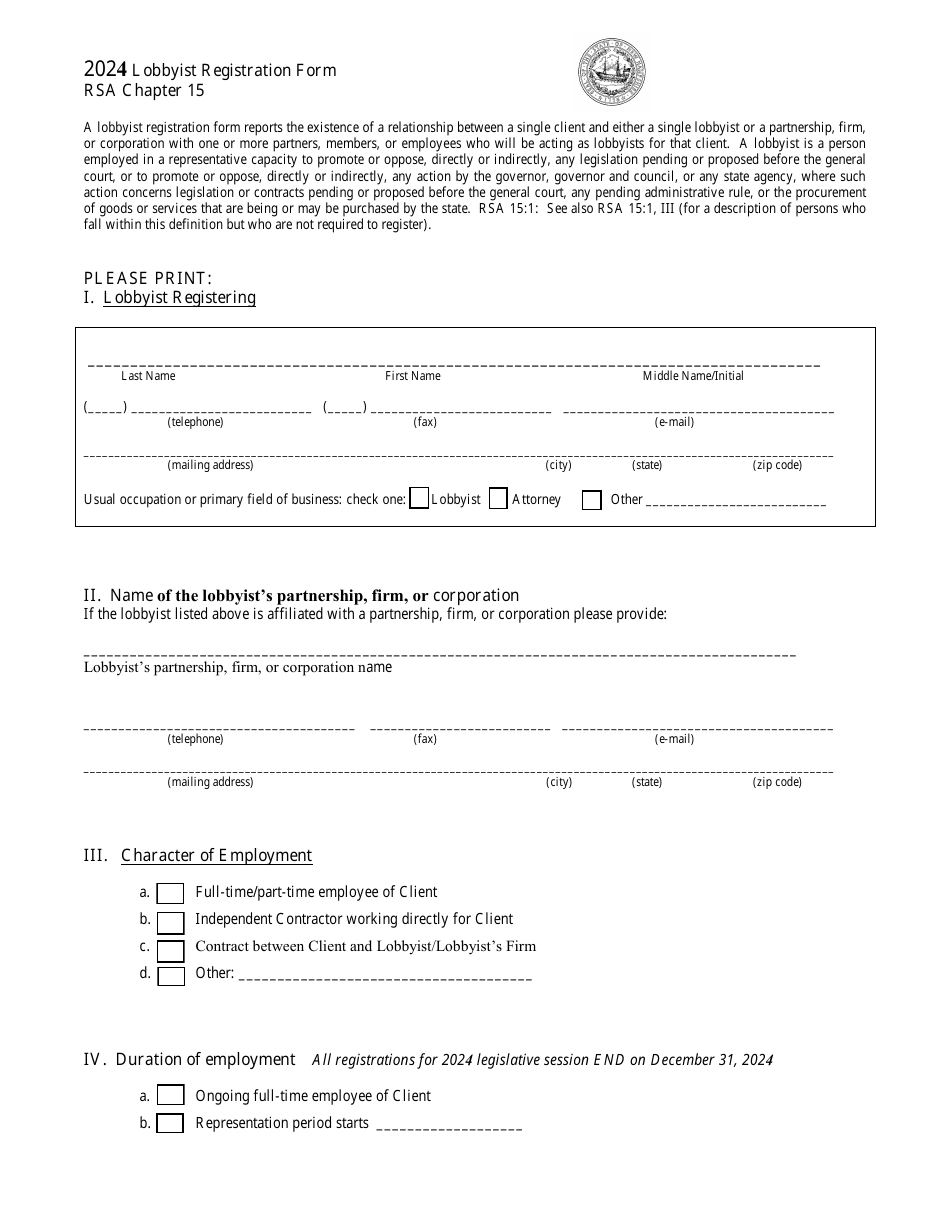 Lobbyist Registration Form - New Hampshire, Page 1