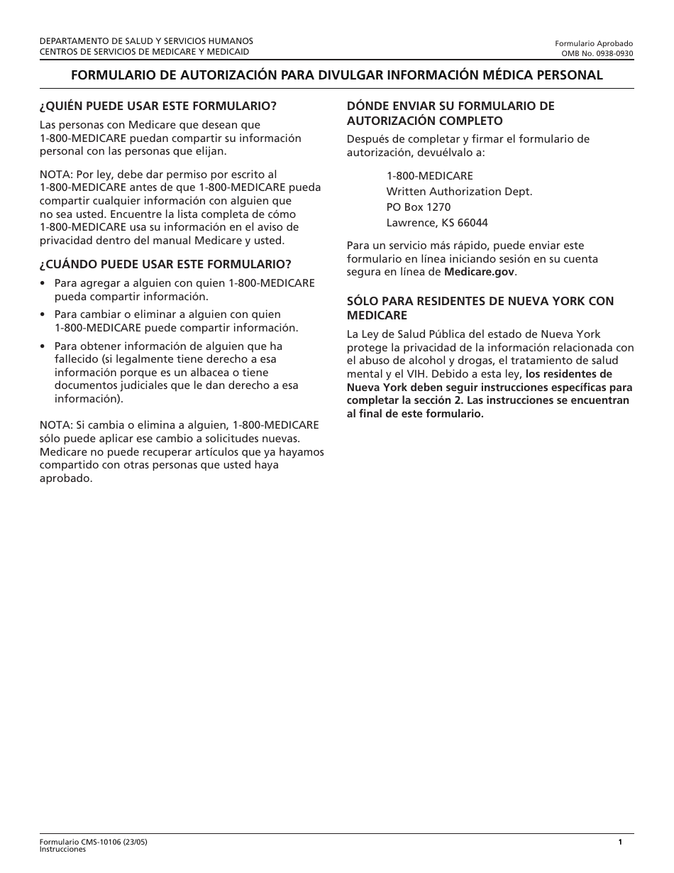 Formulario CMS-10106 Formulario De Autorizacion Para Divulgar Informacion Medica Personal (Spanish), Page 1