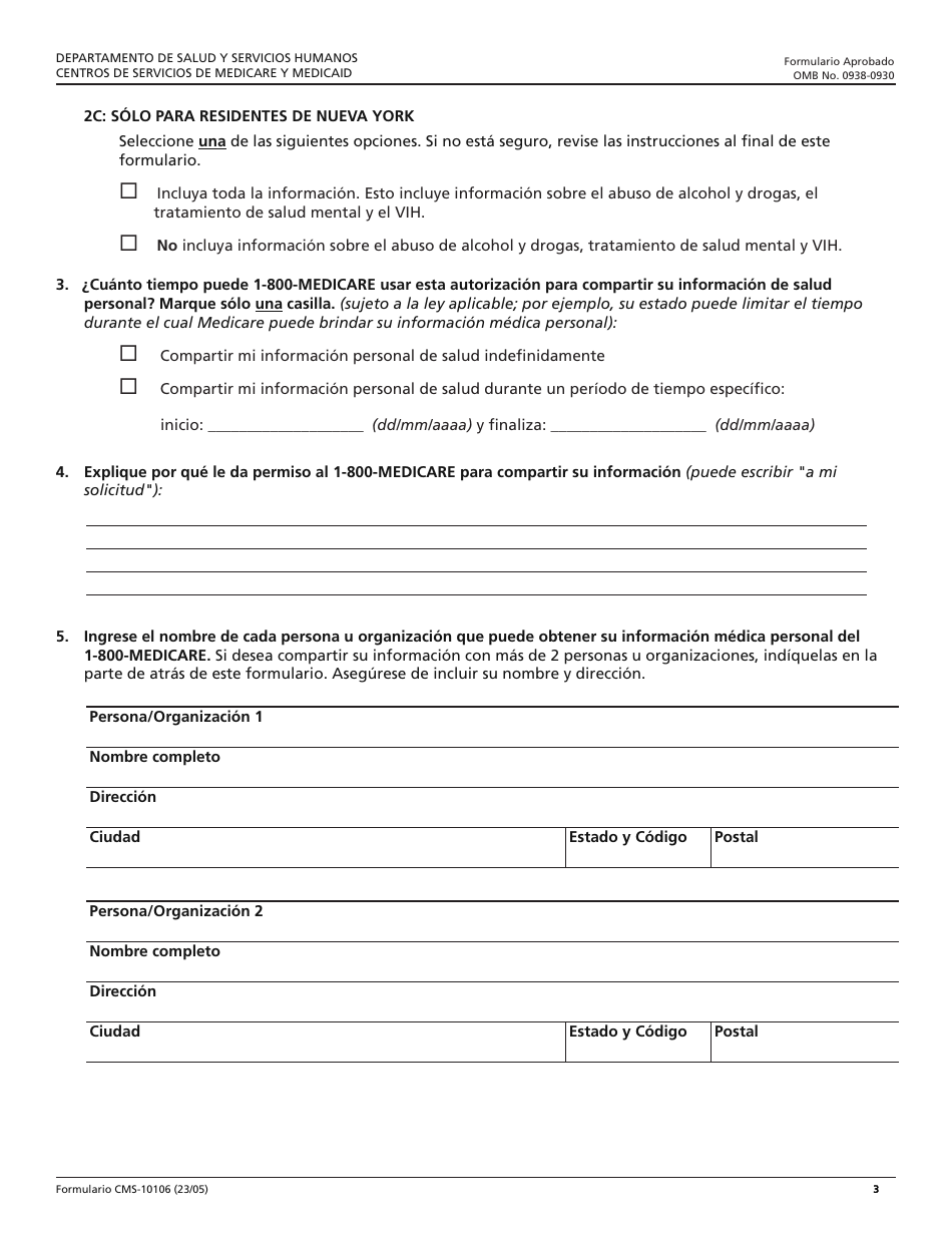 Formulario CMS-10106 Formulario De Autorizacion Para Divulgar Informacion Medica Personal (Spanish), Page 3