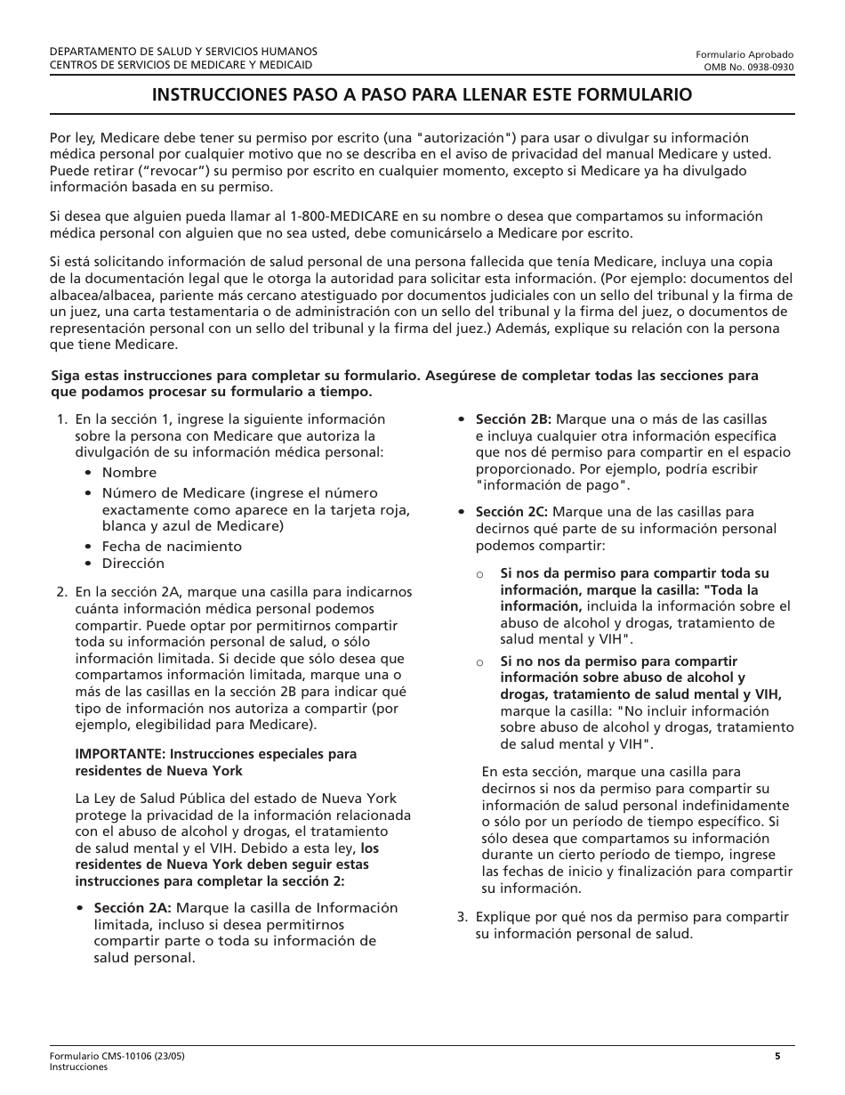 Formulario CMS-10106 Formulario De Autorizacion Para Divulgar Informacion Medica Personal (Spanish), Page 5