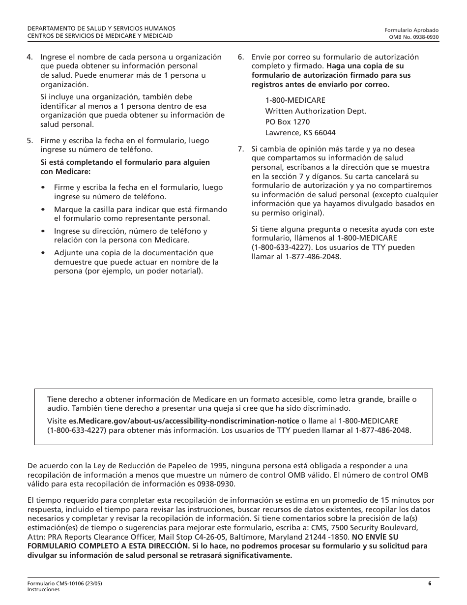 Formulario CMS-10106 Formulario De Autorizacion Para Divulgar Informacion Medica Personal (Spanish), Page 6