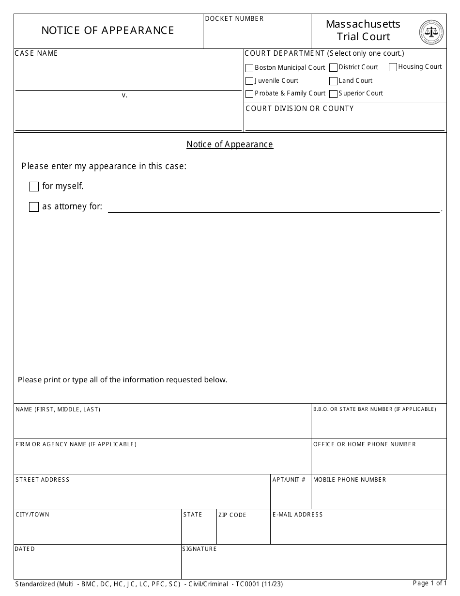 Form TC0001 Notice of Appearance - Massachusetts, Page 1