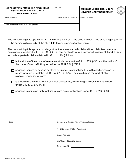 Form JC-Civil-JV-087 Application for Child Requiring Assistance for Sexually Exploited Child - Massachusetts