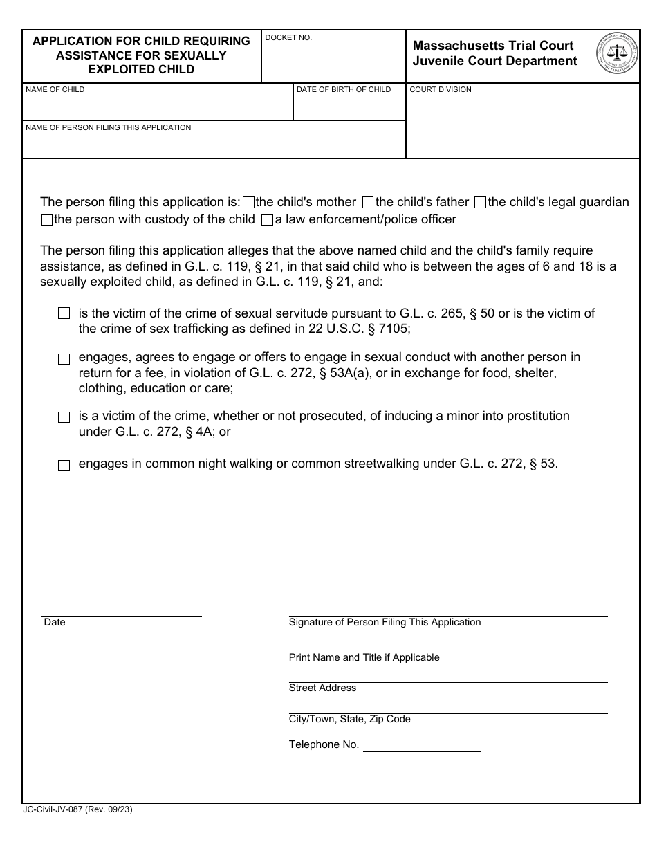 Form JC-Civil-JV-087 Application for Child Requiring Assistance for Sexually Exploited Child - Massachusetts, Page 1