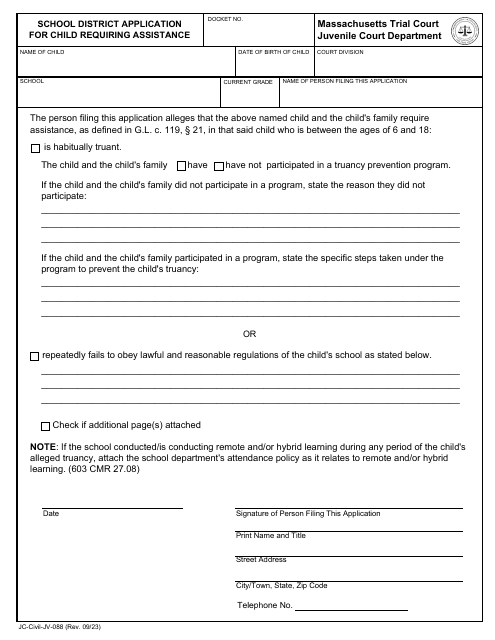Form JC-Civil-JV-088 School District Application for Child Requiring Assistance - Massachusetts