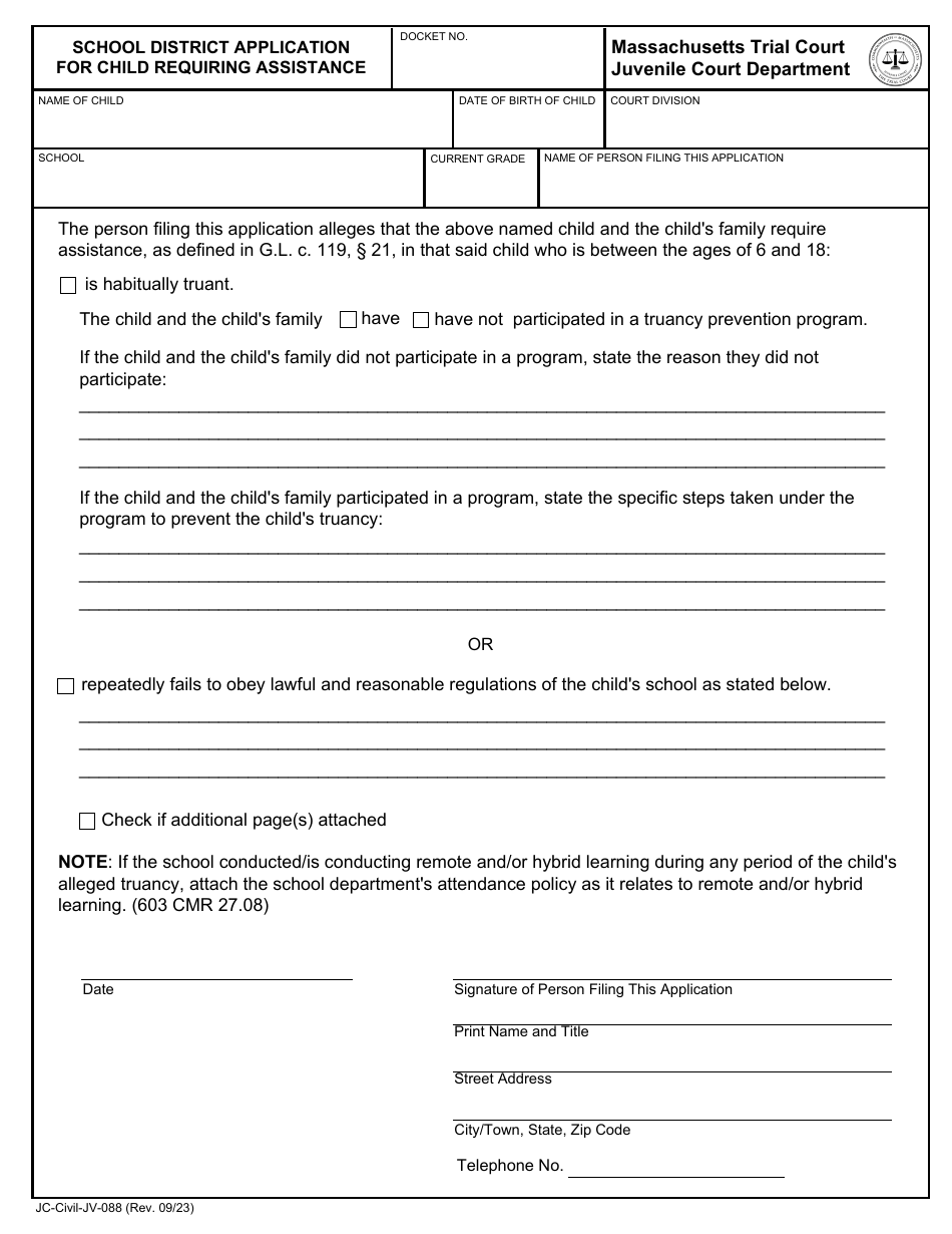 Form JC-Civil-JV-088 School District Application for Child Requiring Assistance - Massachusetts, Page 1