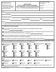 Document preview: Form JV-082 Application to the Juvenile Court Department for Appointment as Court Investigator - Massachusetts