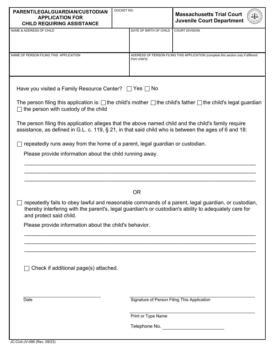Form JC-Civil-JV-086 Parent / Legal Guardian / Custodian Application for Child Requiring Assistance - Massachusetts, Page 1