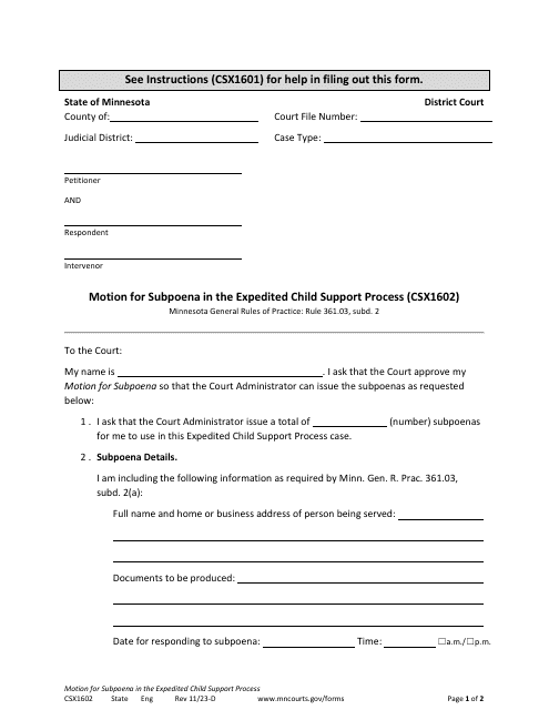 Form CSX1602 Motion for Subpoena in the Expedited Child Support Process - Minnesota