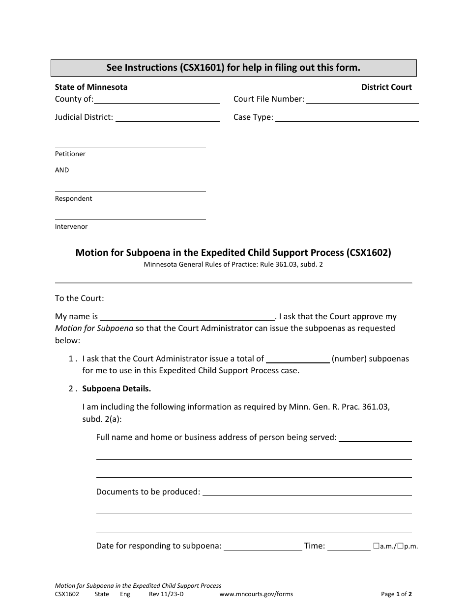 Form CSX1602 Motion for Subpoena in the Expedited Child Support Process - Minnesota, Page 1