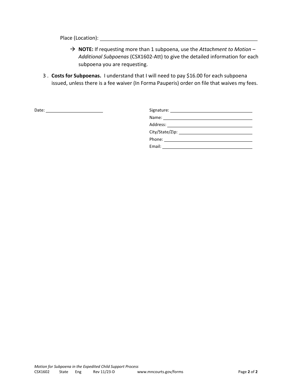 Form CSX1602 Motion for Subpoena in the Expedited Child Support Process - Minnesota, Page 2