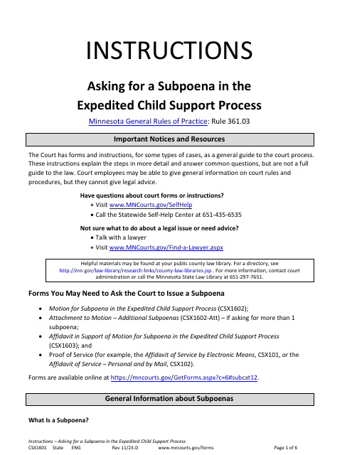 Form CSX1601 Instructions - Asking for a Subpoena in the Expedited Child Support Process - Minnesota