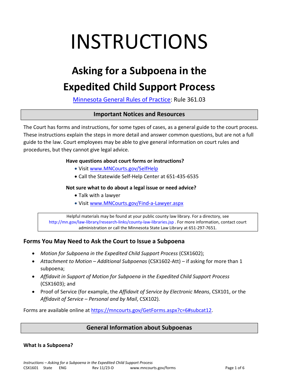 Form CSX1601 Instructions - Asking for a Subpoena in the Expedited Child Support Process - Minnesota, Page 1