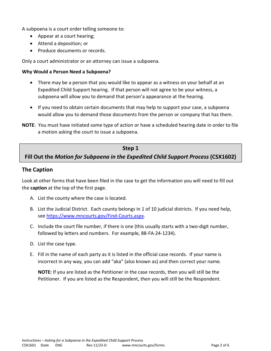 Form CSX1601 Instructions - Asking for a Subpoena in the Expedited Child Support Process - Minnesota, Page 2