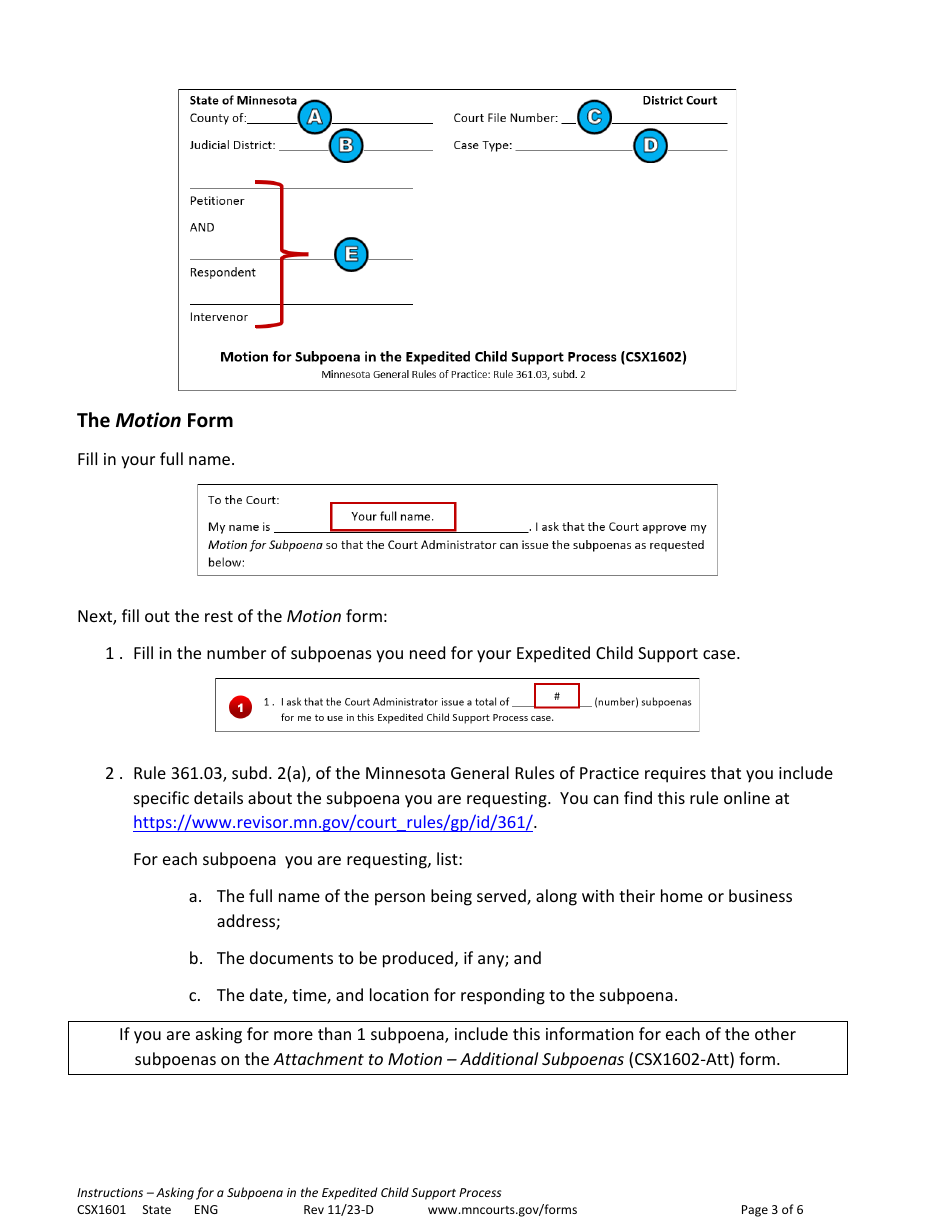 Form CSX1601 Instructions - Asking for a Subpoena in the Expedited Child Support Process - Minnesota, Page 3