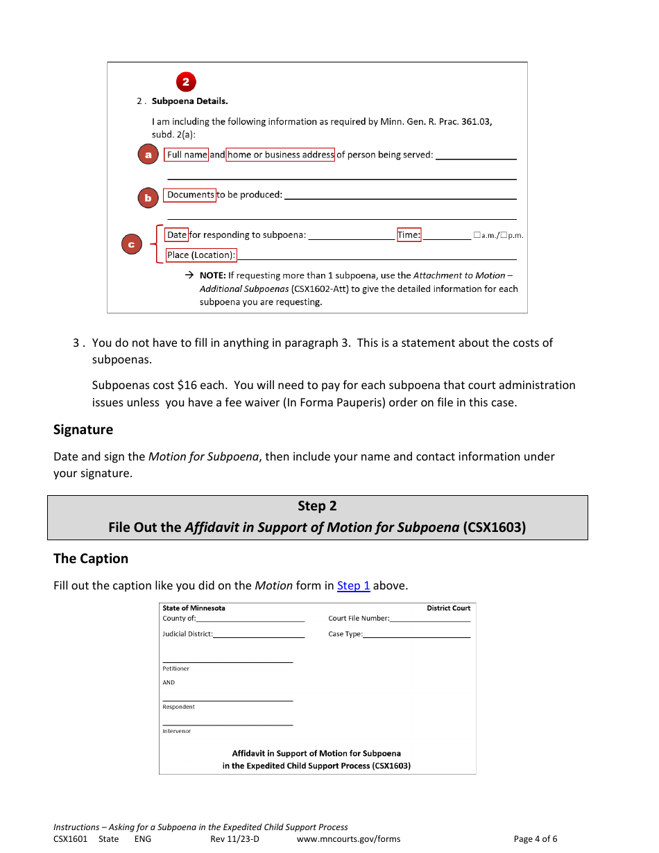Form CSX1601 Instructions - Asking for a Subpoena in the Expedited Child Support Process - Minnesota, Page 4