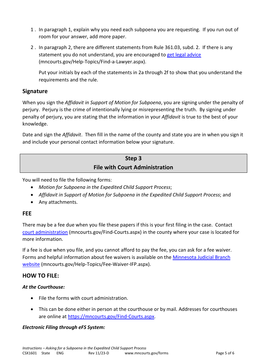 Form CSX1601 Instructions - Asking for a Subpoena in the Expedited Child Support Process - Minnesota, Page 5