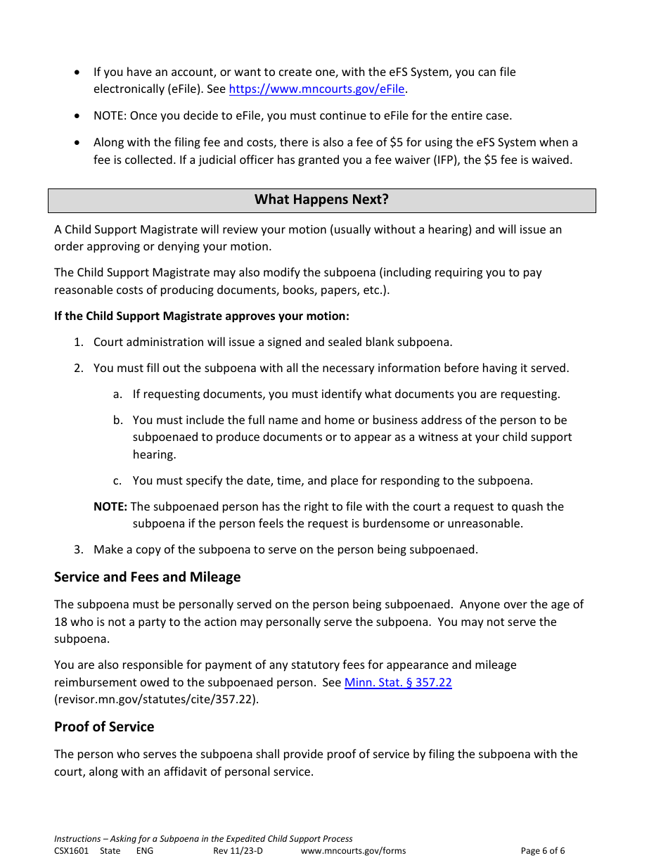 Form CSX1601 Instructions - Asking for a Subpoena in the Expedited Child Support Process - Minnesota, Page 6
