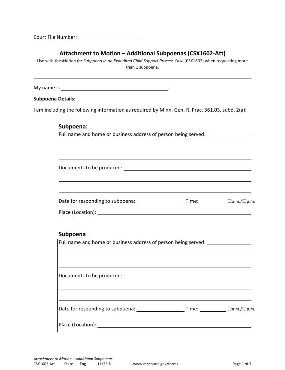 Form CSX1602-ATT Attachment to Motion - Additional Subpoenas - Minnesota, Page 1