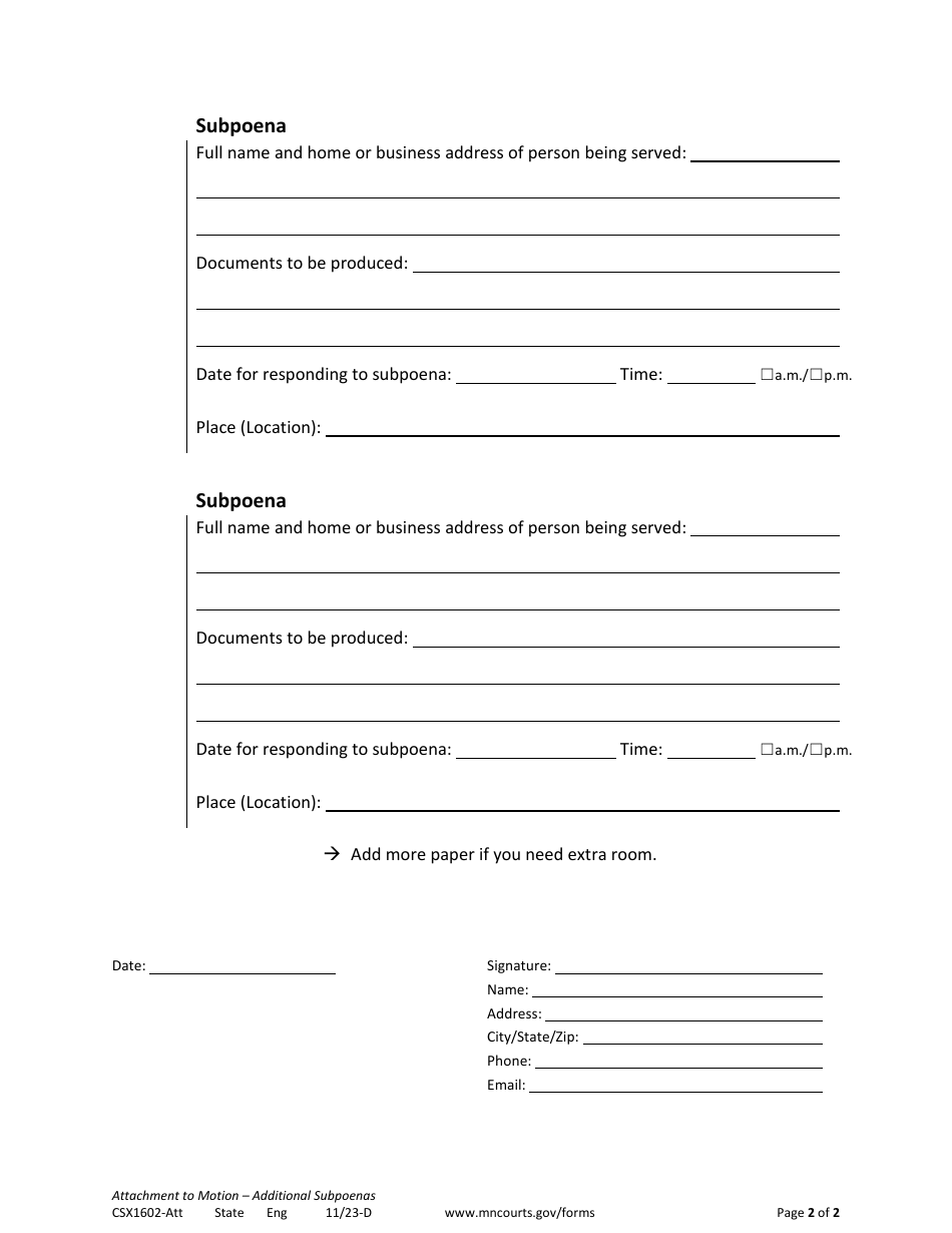 Form CSX1602-ATT Attachment to Motion - Additional Subpoenas - Minnesota, Page 2