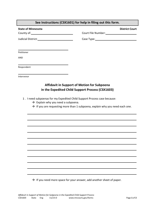 Form CSX1603 Affidavit in Support of Motion for Subpoena in the Expedited Child Support Process - Minnesota