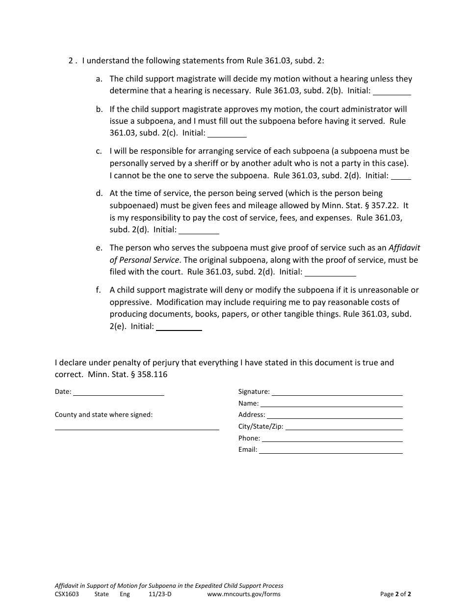 Form CSX1603 Affidavit in Support of Motion for Subpoena in the Expedited Child Support Process - Minnesota, Page 2