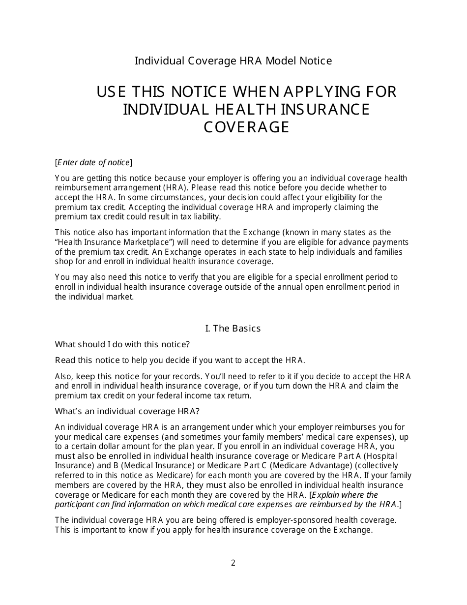 Individual Coverage HRA Model Notice, Page 2
