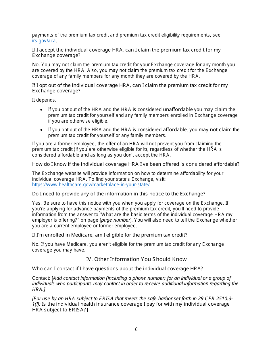 Individual Coverage HRA Model Notice, Page 6