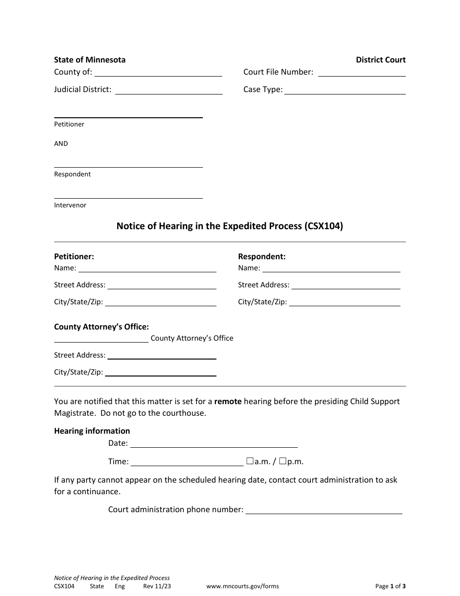Form CSX104 Notice of Hearing in the Expedited Process - Minnesota, Page 1