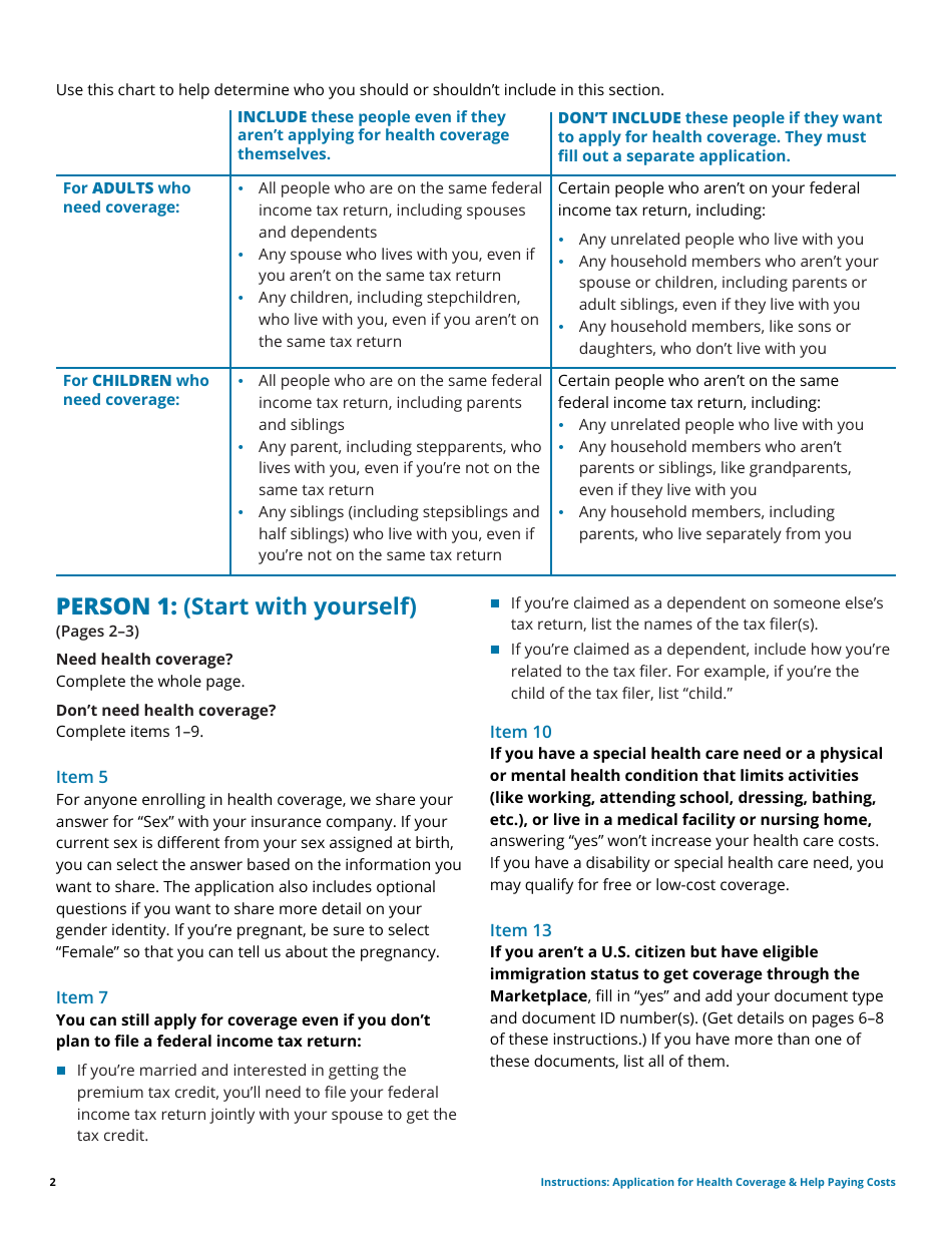Instructions for Application for Health Coverage  Help Paying Costs - Family, Page 2
