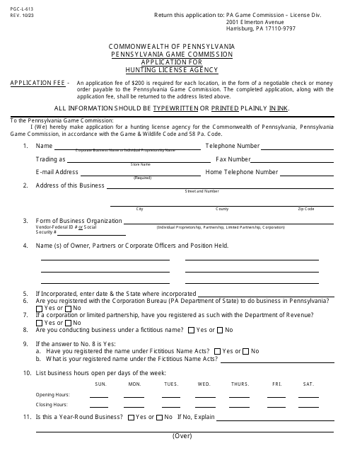 Form PGC-L-613 Application for Hunting License Agency - Pennsylvania