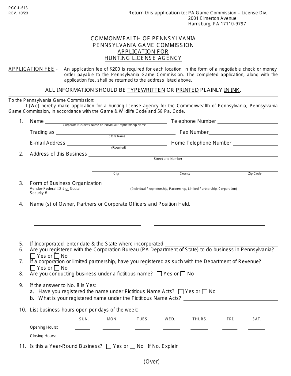 Form PGC-L-613 Application for Hunting License Agency - Pennsylvania, Page 1