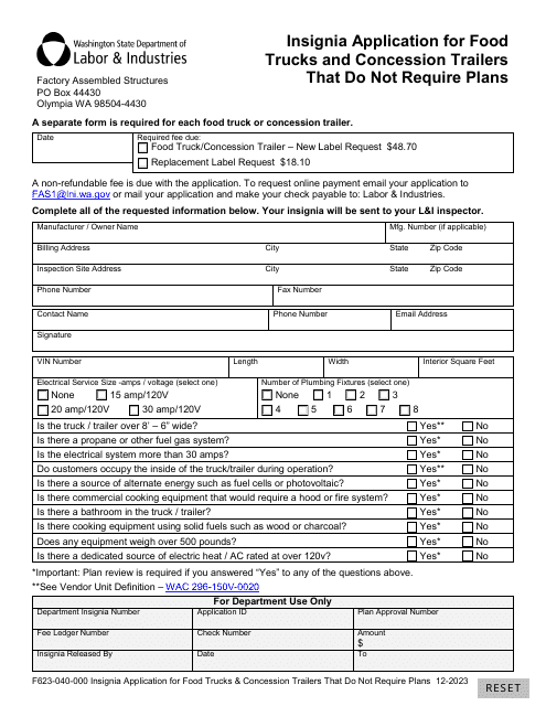 Form F623-040-000 Insignia Application for Food Trucks and Concession Trailers That Do Not Require Plans - Washington