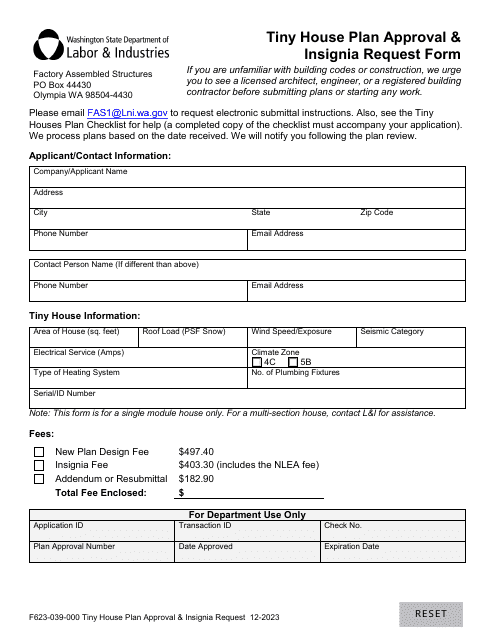 Form F623-039-000 Tiny House Plan Approval & Insignia Request Form - Washington