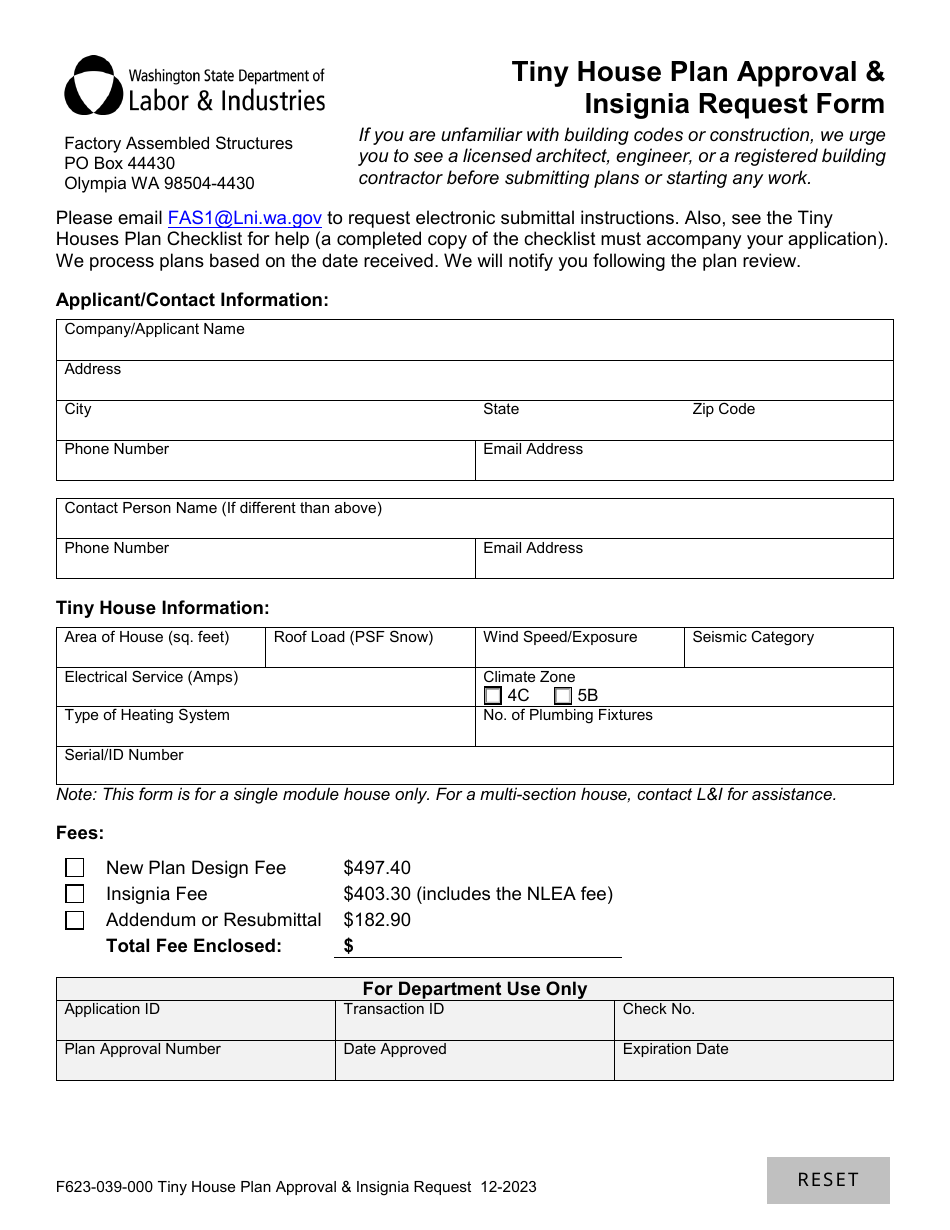 Form F623-039-000 Tiny House Plan Approval  Insignia Request Form - Washington, Page 1