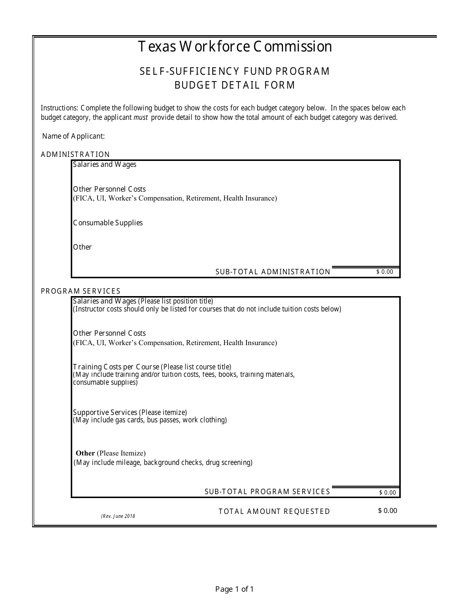 Fss Program Exemption Form Texas Budget Detail Form - Self-sufficiency Fund Program - Fill Out ...