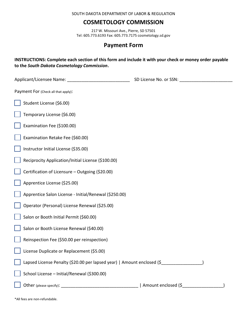Payment Form - South Dakota, Page 1