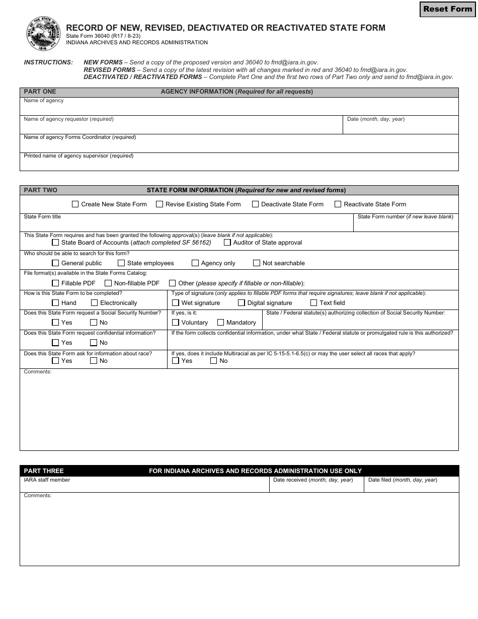 State Form 36040 Record of New, Revised, Deactivated or Reactivated State Form - Indiana, Page 1