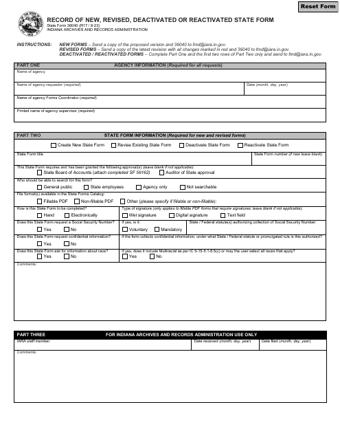 State Form 36040 Record of New, Revised, Deactivated or Reactivated State Form - Indiana