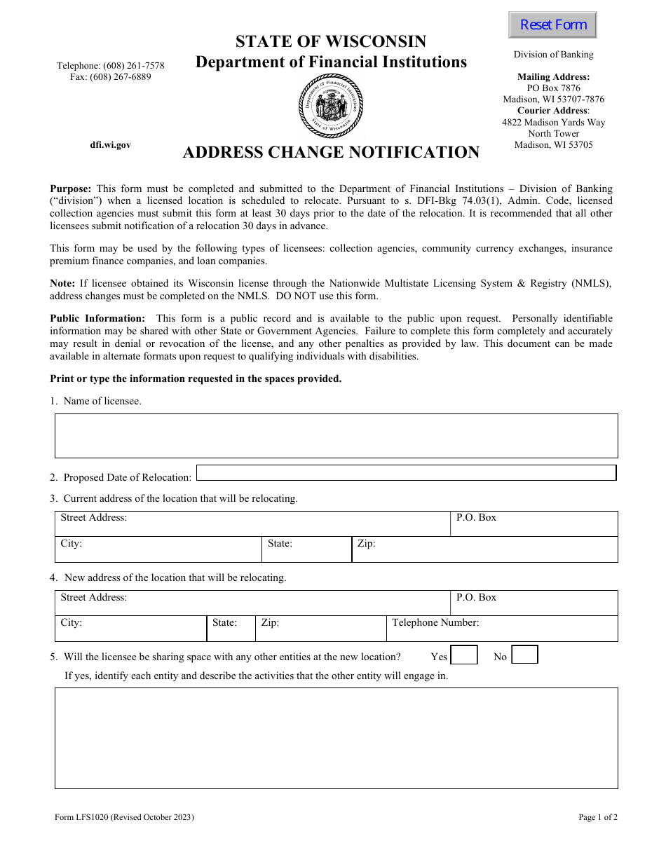 Form LFS1020 Address Change Notification - Wisconsin, Page 1
