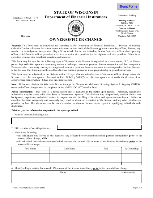 Form LFS1000 Owner/Officer Change - Wisconsin