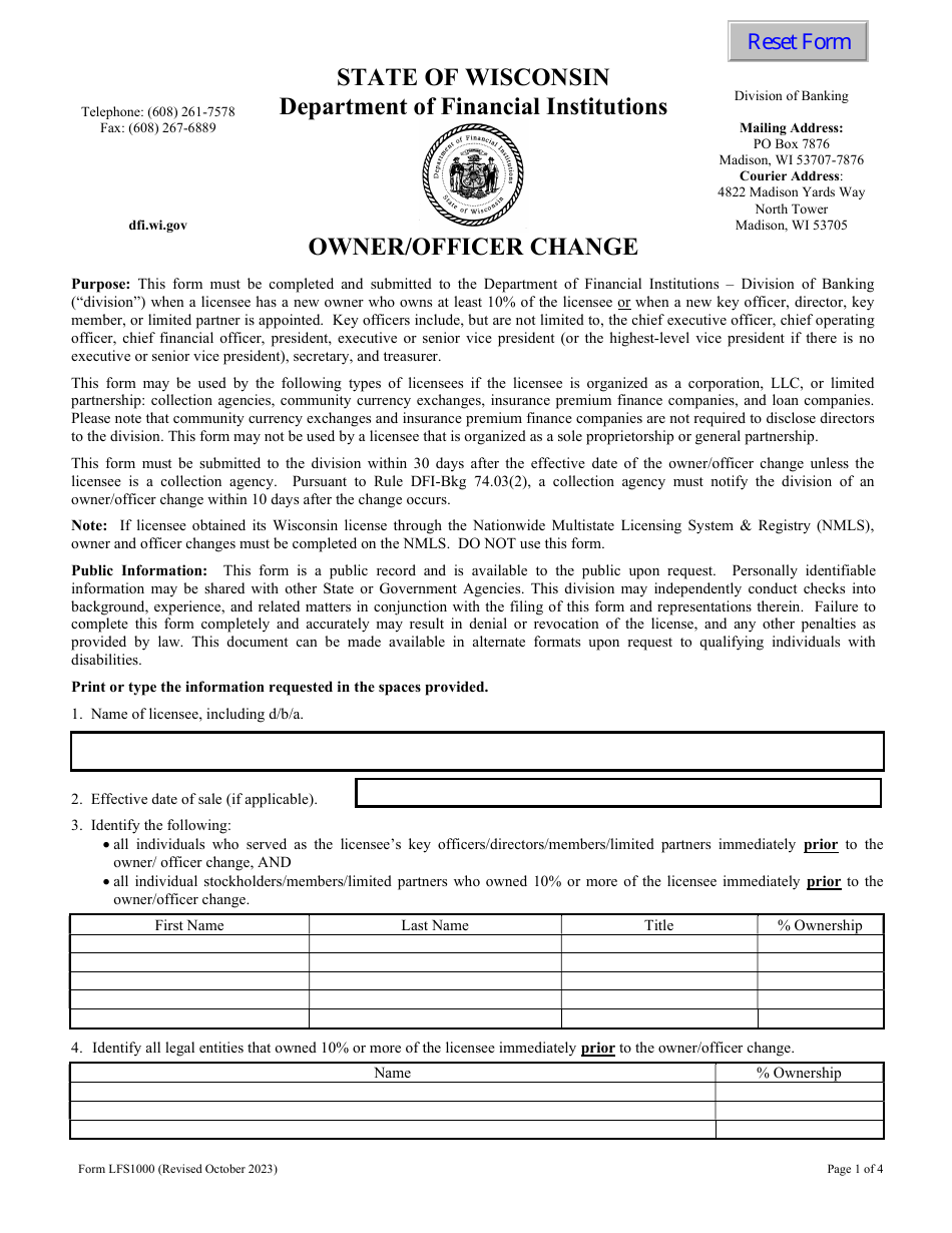 Form LFS1000 Owner / Officer Change - Wisconsin, Page 1