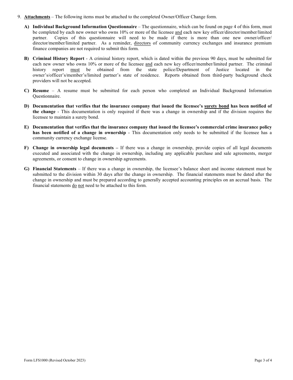 Form LFS1000 Owner / Officer Change - Wisconsin, Page 3