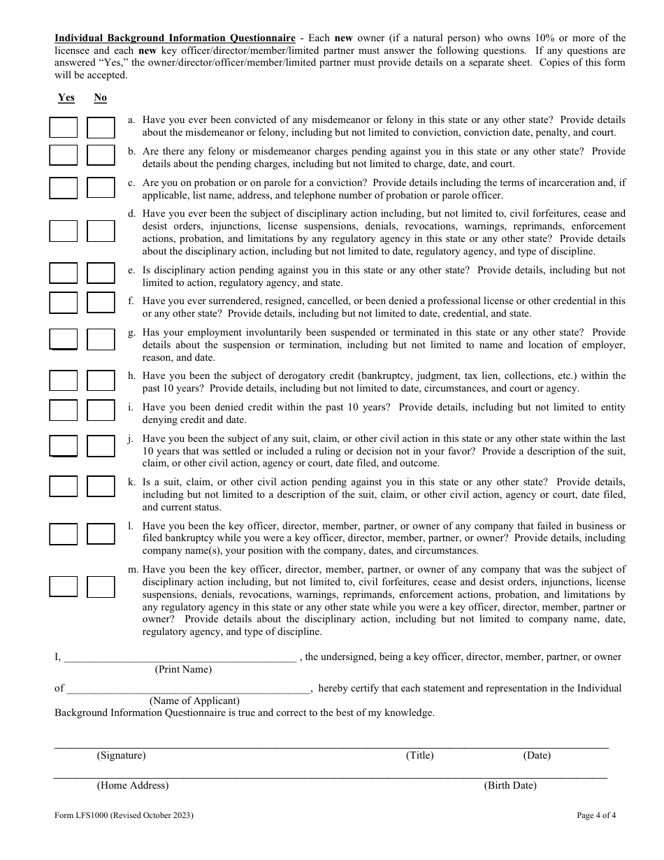 Form LFS1000 Owner / Officer Change - Wisconsin, Page 4