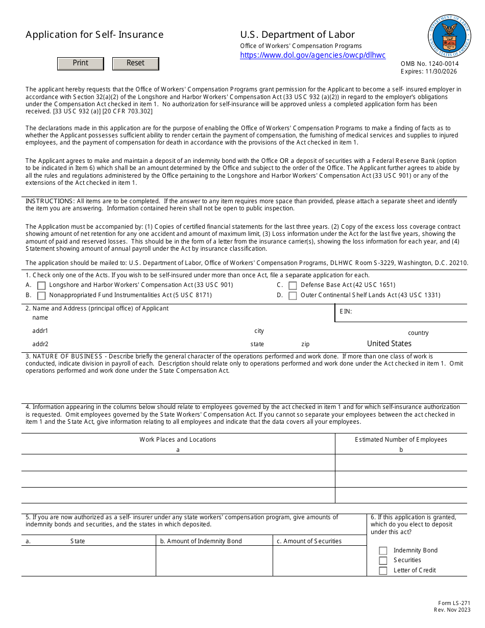 Form LS-271 Application for Self-insurance, Page 1