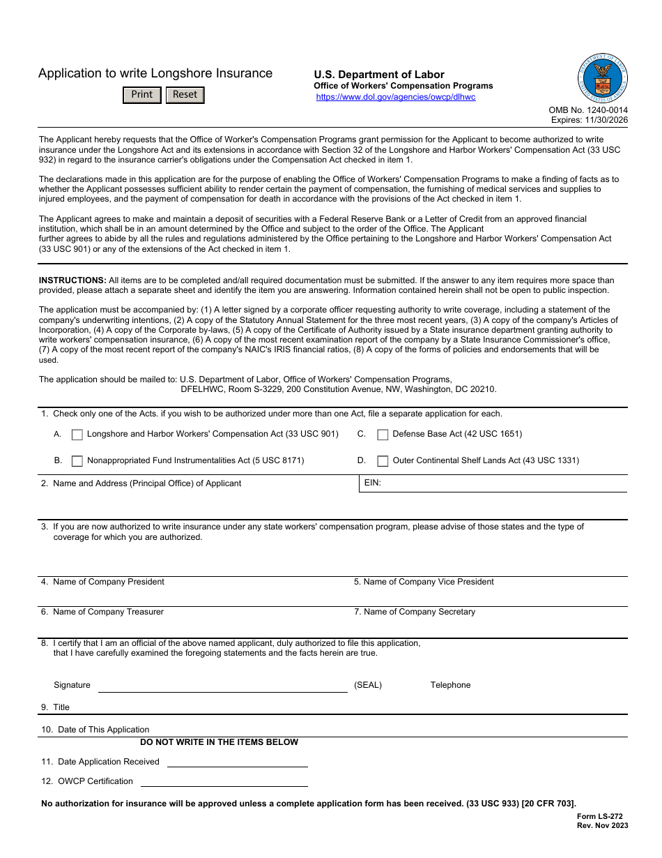 Form LS-272 Application to Write Longshore Insurance, Page 1
