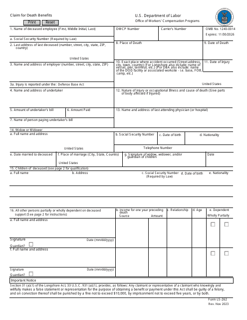 Form LS-262 Claim for Death Benefits
