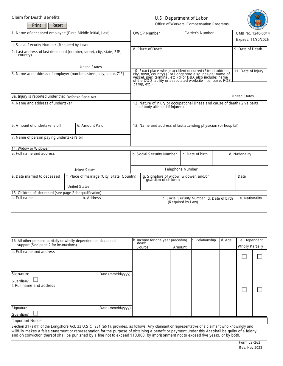 Form LS-262 Claim for Death Benefits, Page 1