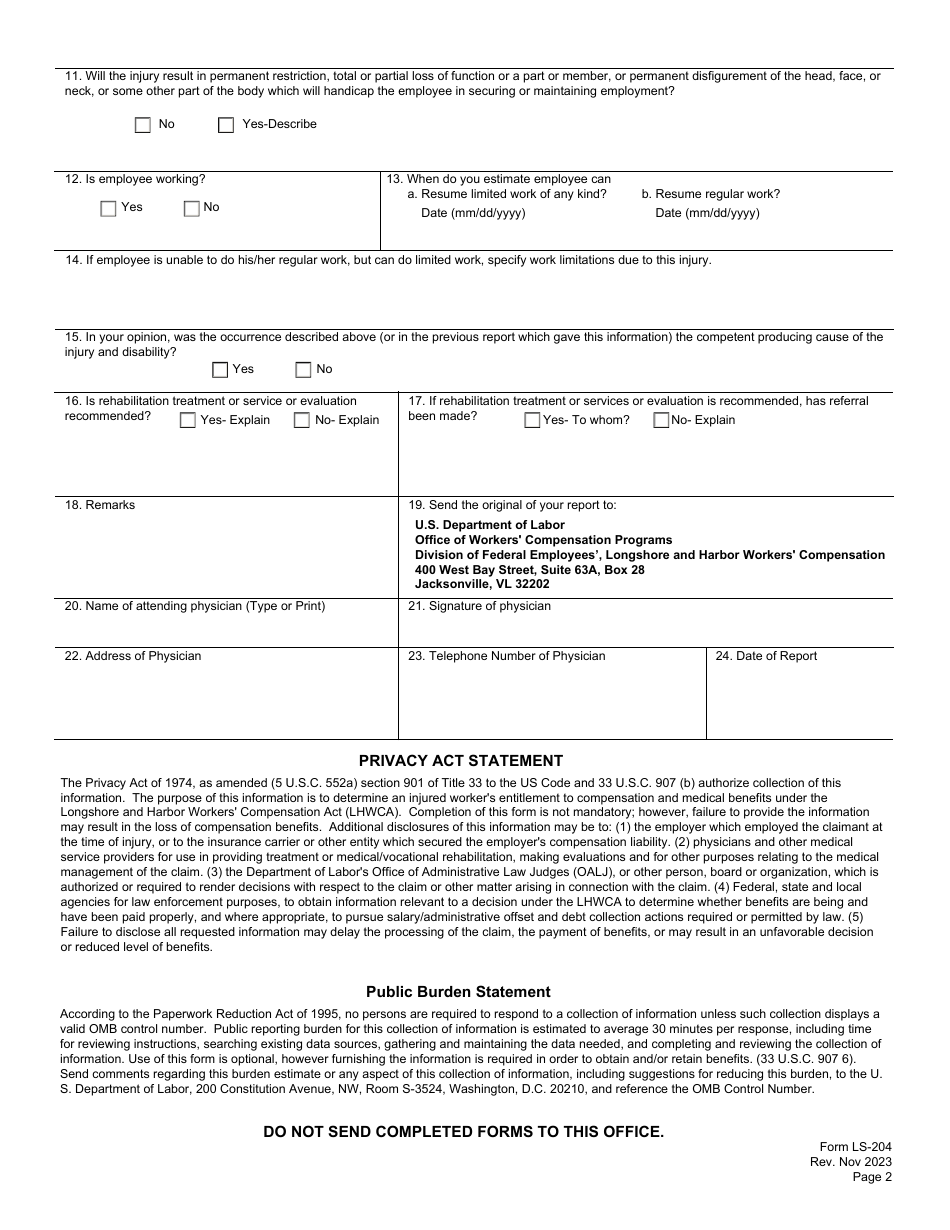 Form LS-204 Attending Physicians Supplementary Report, Page 2